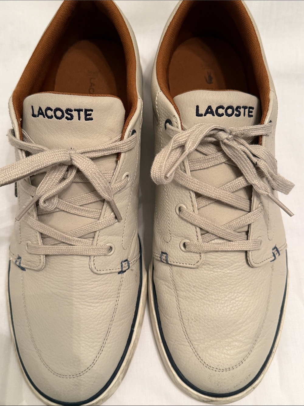 Lacoste Men's Beige Leather Sneakers with Navy Accents